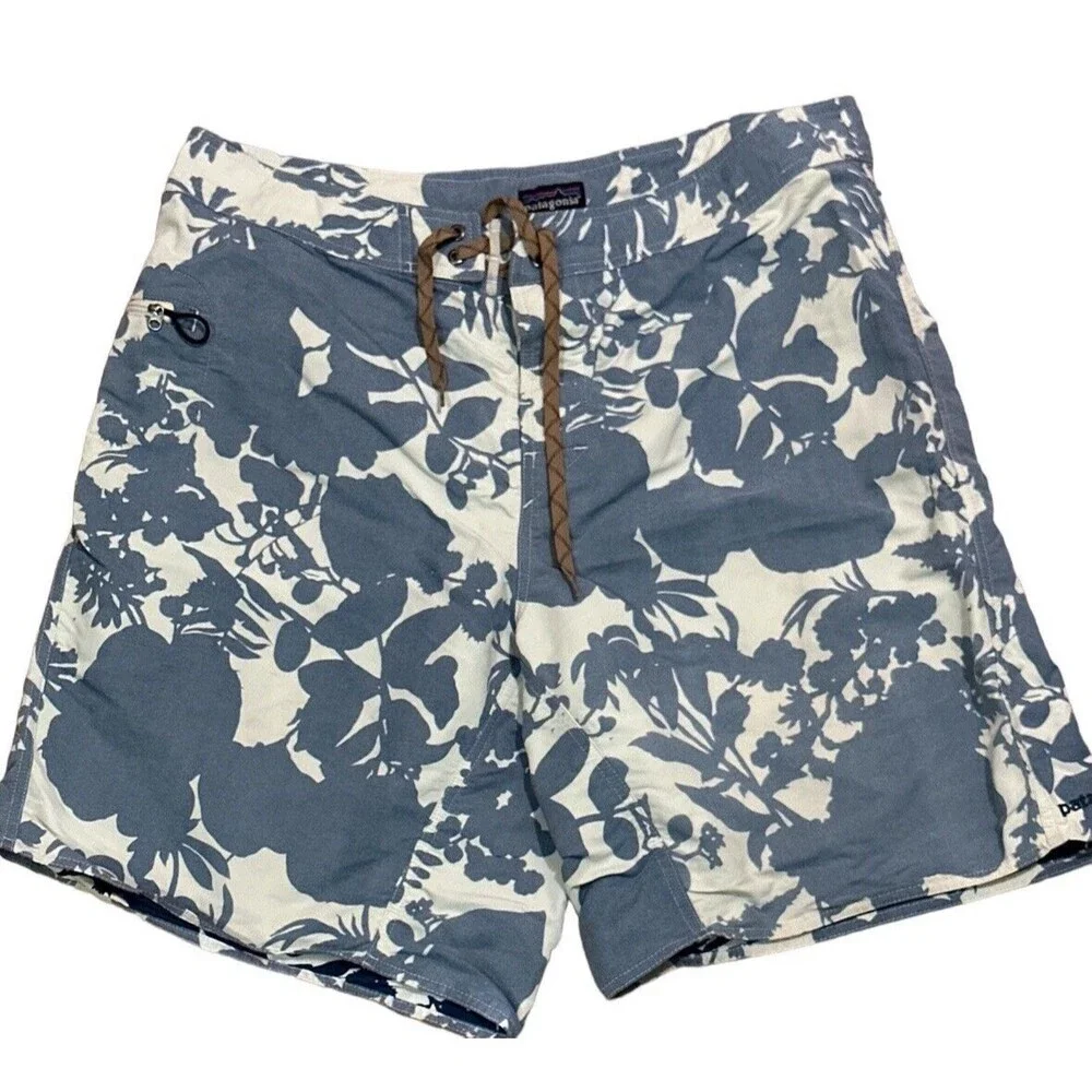 Patagonia Unlined Board Shorts Floral Zip Pocket Reverse Print Grommets Size 38